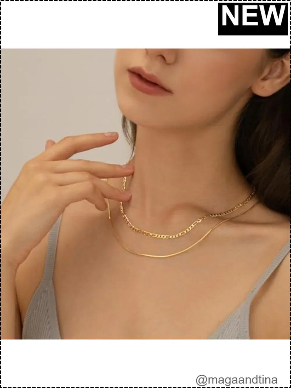 14K Gold Plated Layered Snake & Figaro Chain Necklace Set for Women